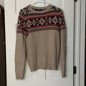 American Eagle Outfitters Beige and Red Patterned Crewneck Sweater